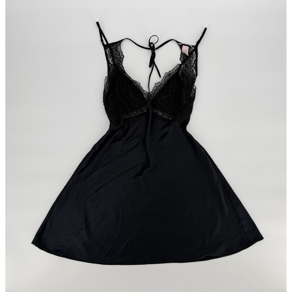 Victoria's Secret Black Satin Lace Trim Slip Dress Open Back Nightie Small - Picture 2 of 9